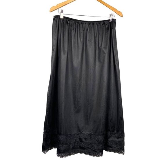 90s Black Lace Slip Skirt Size 1X Vintage Nylon Midi Elastic Waist Scalloped Hem - Picture 1 of 9
